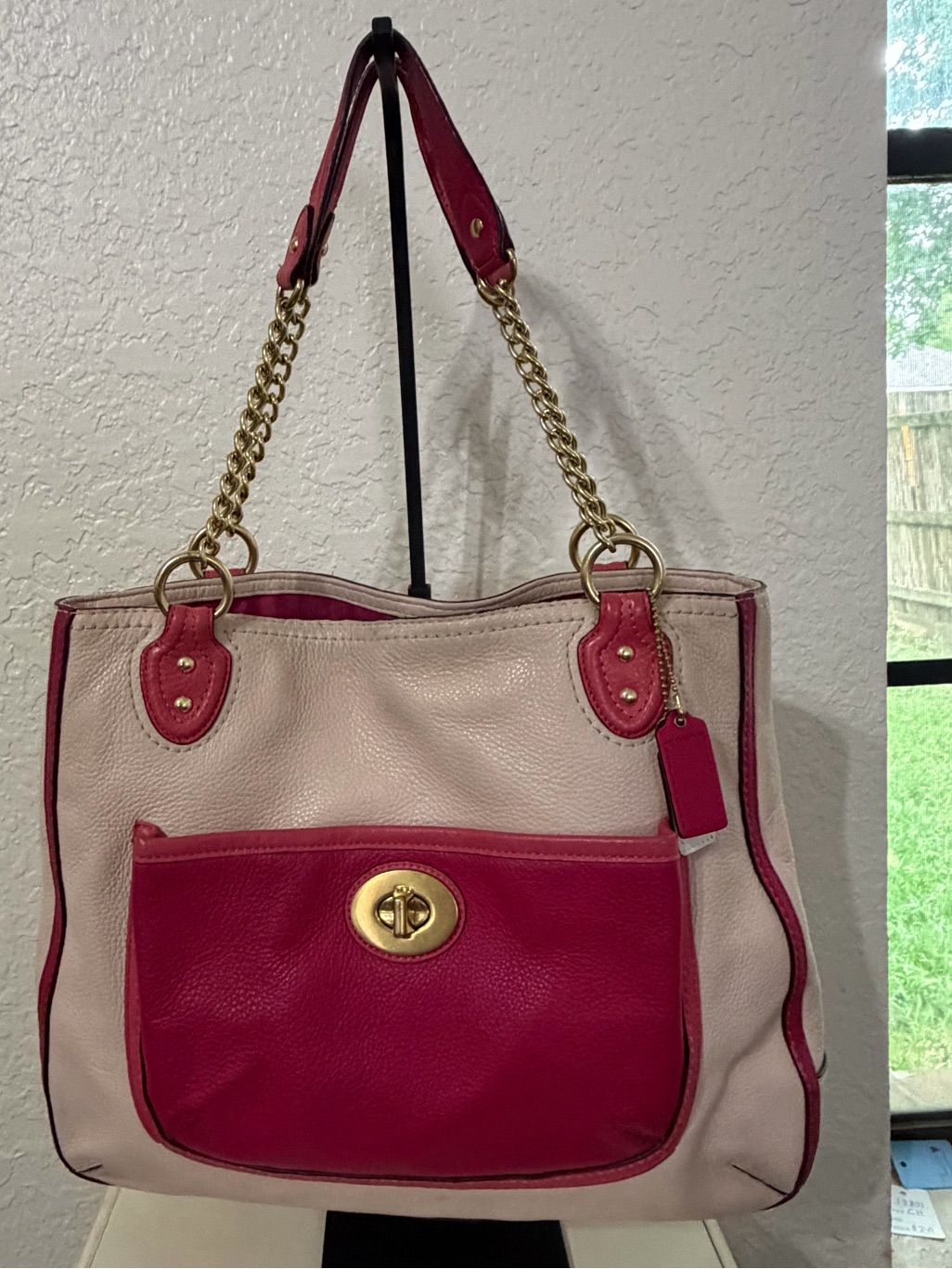 Coach Cream And Pink Pebbled Leather Shoulder Tote With Gold Chain Straps